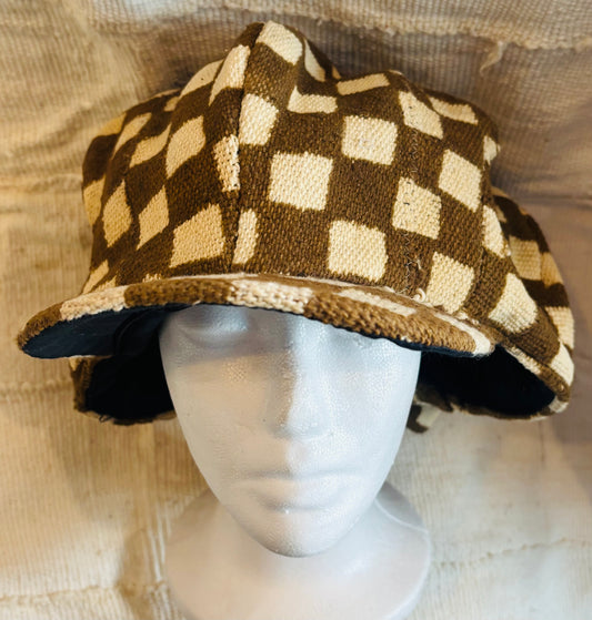 Brown checkered mudcloth hat
