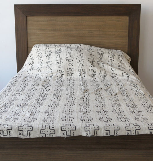 Multi-Patterned White Mali Mudcloth Queen Blanket.