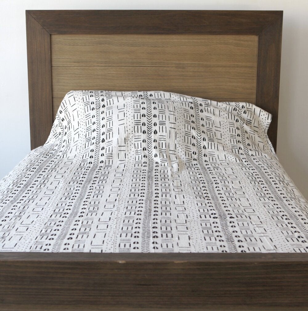 Multi-Patterned White Mali Mudcloth Queen Blanket.