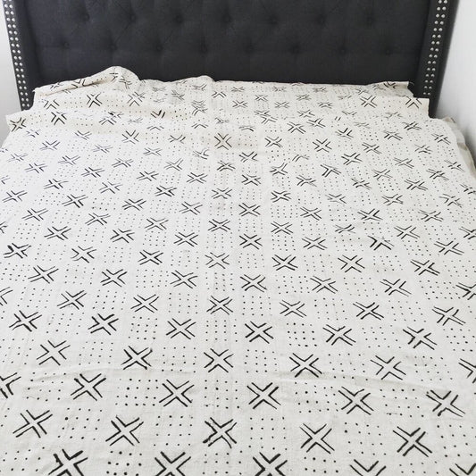 Crosses & Dots White Bogolan Mudcloth Queen Blanket.