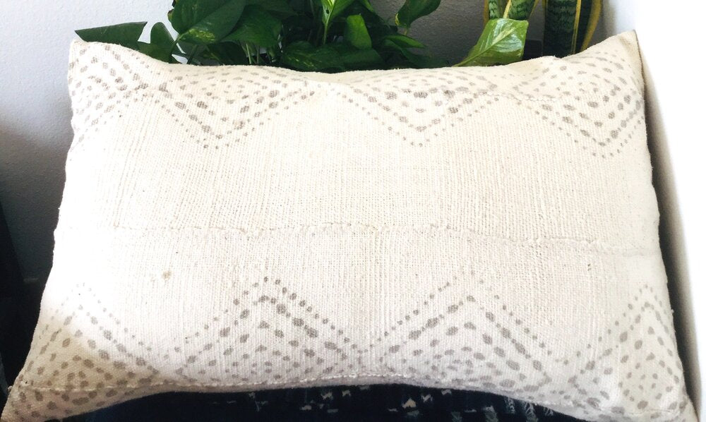 Large White Mudcloth Fabric Lumbar Pillowcase with Diamonds.