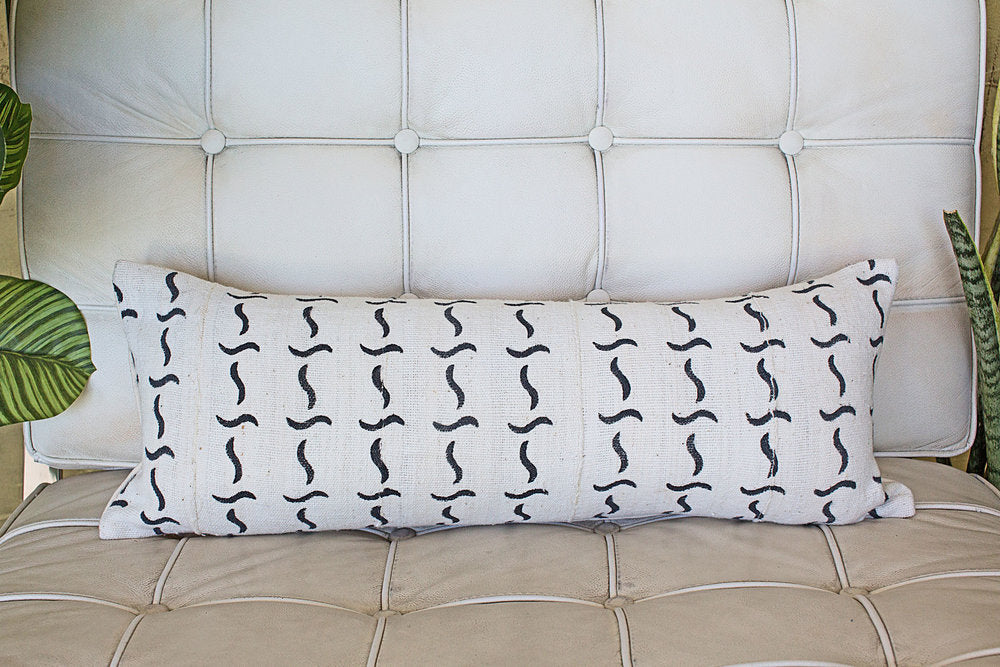 Squiggles On White Lumbar Mali Mudcloth Pillow.