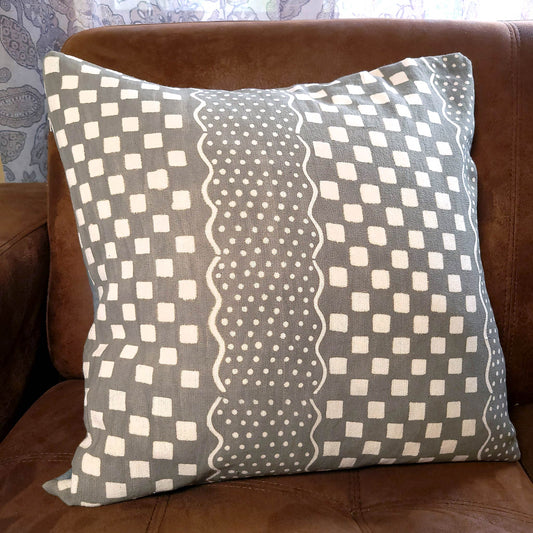 White Checkers, Wavy Lines, and Dots on Grey Pillowcase